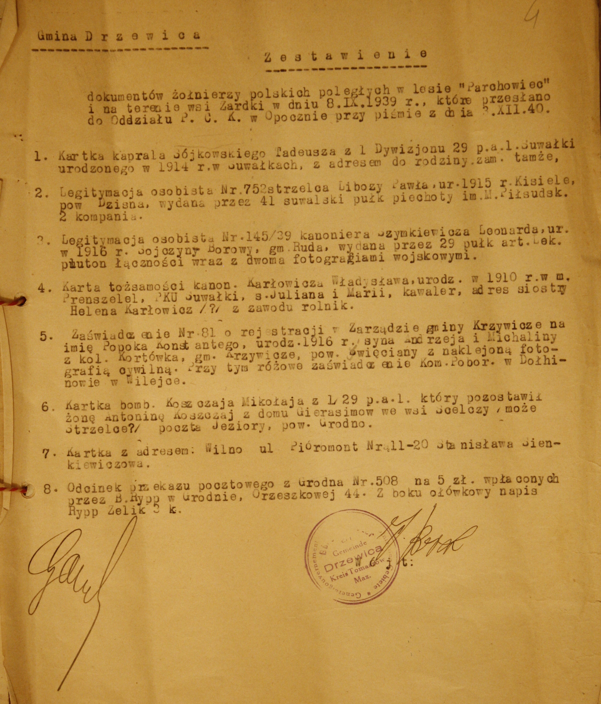 Lista dokumentów żołnierzy polskich poległych w dniu 8 września 1939 r. podczas walk w okolicach Drzewicy.